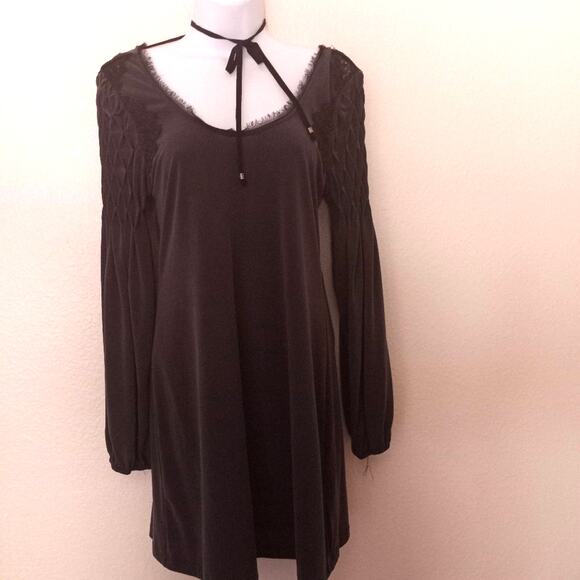 Free People Lace Neckline Textured Shoulders Goth Longsleeve Dress - Picture 7 of 7